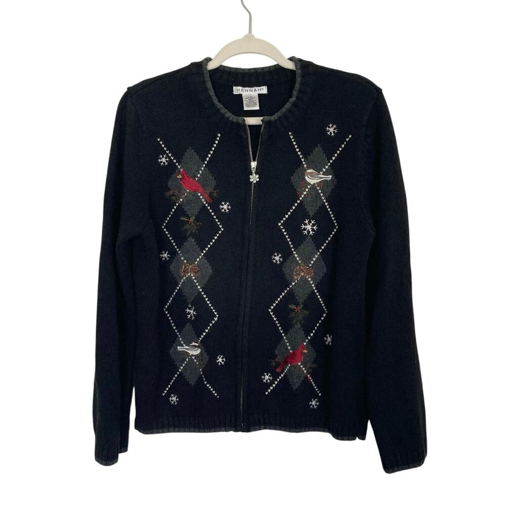 Hannah Black Zip Up Cardigan with Argyle Bird Embroidery